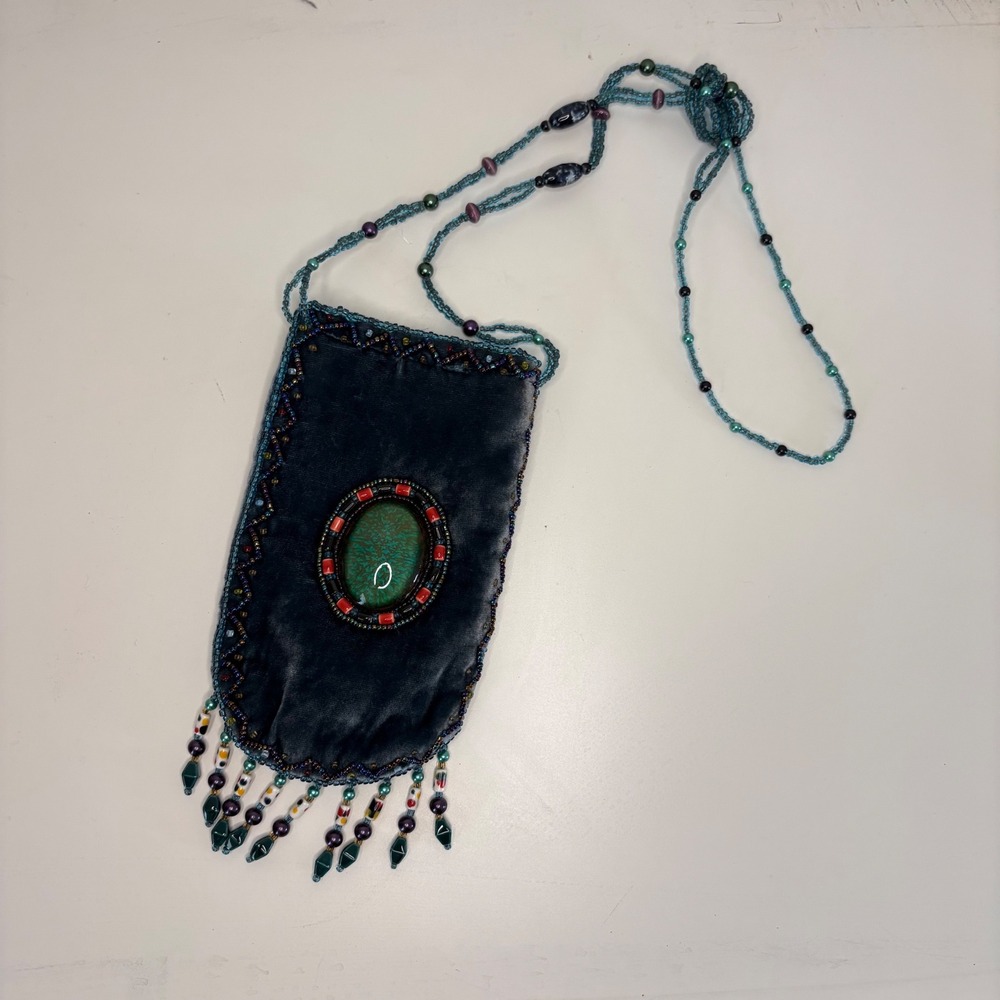 Boho Velvet Beaded Crossbody Pouch Bag Grey Blue Turquoise Cabochon Fringe Bag